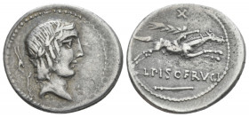 Denarius circa 90, AR 19.00 mm., 3.84 g.
Laureate head of Apollo r.; below chin, R and behind, labrys. Rev. L PISO FRVGI below, horseman riding r., h...