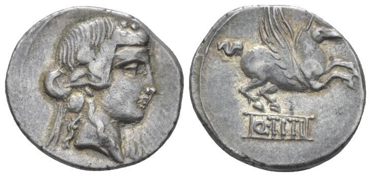 Q. Titius. Denarius circa 90, AR 18.00 mm., 3.74 g.
Head of Liber r., wearing i...