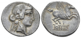 Q. Titius. Denarius circa 90, AR 18.00 mm., 3.74 g.
Head of Liber r., wearing ivy wreath. Rev. Pegasus r.; below, Q TITI in linear frame. Babelon Tit...
