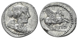 Q. Titius. Quinarius circa 90, AR 13.80 mm., 1.91 g.
Draped bust of Victory r. Rev. Pegasus prancing r.; below, Q·TITI. Babelon Titia 3. Sydenham 693...