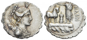 A. Postumius Albinus. Denarius serratus circa, AR 19.30 mm., 3.89 g.
Draped bust of Diana r., with bow and quiver over shoulder; above head, bucraniu...