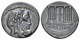 M. Volteius M.f. Denarius circa 78, AR 18.00 mm., 4.01 g.
Laureate head of Jupiter r. Rev. Capitoline temple; in exergue, M·VOLTEI·M·F. Babelon Volte...