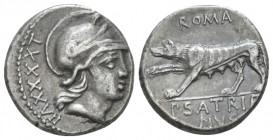 P. Satrienus. Denarius circa 77, AR 16.40 mm., 3.87 g.
Helmeted head of Roma r.; behind, numeral. Rev. ROMA She wolf l., r. forepaw raised; in exergu...