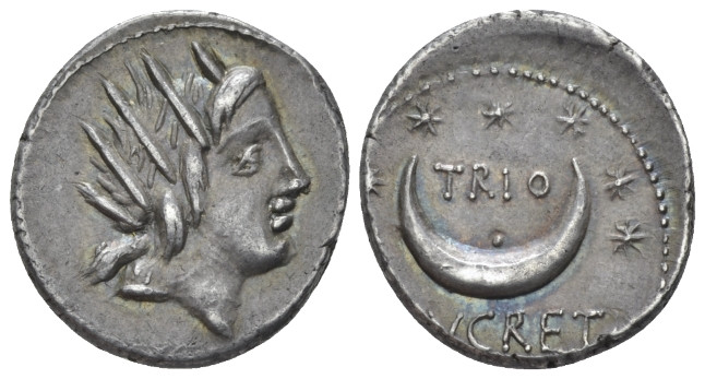 L. Lucretius Trio. Denarius circa 76, AR 18.00 mm., 3.85 g.
Radiate head of Sol...