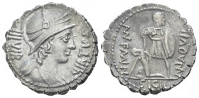 Mn. Aquillius. Denarius serratus circa 71, AR 25.70 mm., 4.00 g.
VIRTVS – III VIR Helmeted and draped bust of Virtus r. Rev. MN AQVIL – MN·F MN·N War...