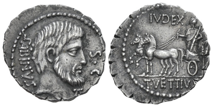 Denarius serratus circa 70, AR 20.30 mm., 3.73 g.
Bearded head of King Tatius r...