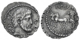 Denarius serratus circa 70, AR 20.30 mm., 3.73 g.
Bearded head of King Tatius r.; below chin, TA ligate and behind, SABINVS. In r. field, S·C. Rev. I...