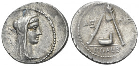 P. Sulpicius Galba. Denarius circa 69, AR 20.30 mm., 3.85 g.
Veiled and diademed head of Vesta r.; behind, S·C. Rev. AE – CVR Knife, culullus and axe...