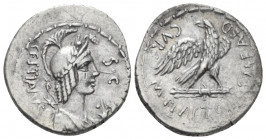 M. Plaetorius M.f. Caestianus. Denarius circa 67, AR 16.70 mm., 2.92 g.
Bust r. with the attributes of Isis, Minerva, Apollo, Diana and Victory; befo...