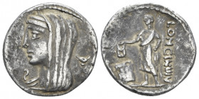 Denarius circa 63,, AR 19.50 mm., 3.77 g.
Diademed and veiled head of Vesta l.; below chin, L. In r. field, dish. Rev. LONGIN·III·V Voter standing l....