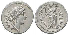 Mn. Acilius Glabrio. Denarius circa 49, AR 18.70 mm., 3.90 g.
SALVTIS Laureate head of Salus r. Rev. MN·ACILIVS – III·VIR·VALETV Valetudo standing l....