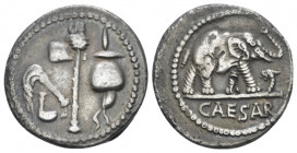 C. Iulius Caesar. Denarius mint moving with Caesar 49-48,, AR 18.40 mm., 3.81 g.
Pontifical emblems: culullus, aspergillum, axe and apex. Rev. Elepha...