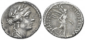 L. Hostilius Saserna. Denarius circa 48, AR 18.50 mm., 3.97 g.
Female head r., wearing oak wreath. Rev. L·HOSTILIVS SASERNA Victory advancing r., hol...