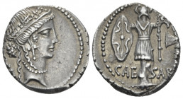 C. Iulius Caesar. Denarius early to mid 48,, AR 18.00 mm., 3.82 g.
Female head r., wearing diadem and oak wreath; behind, TII. Rev. CAE – SAR Trophy ...