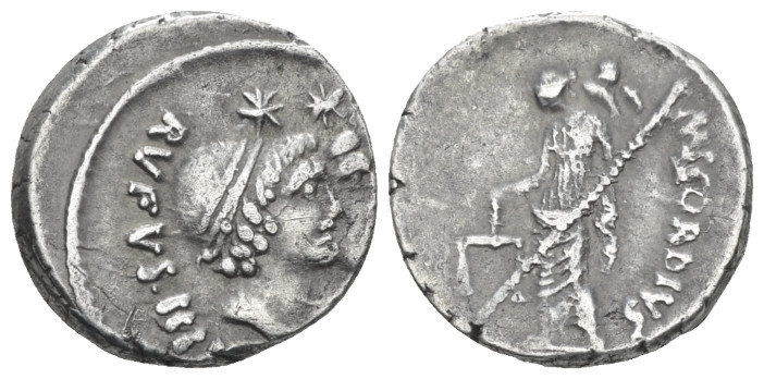 Mn. Cordius Rufus. Denarius circa 46, AR 16.80 mm., 3.92 g.
RVFVS·III.VIR Jugat...