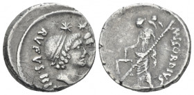 Mn. Cordius Rufus. Denarius circa 46, AR 16.80 mm., 3.92 g.
RVFVS·III.VIR Jugate heads of Dioscuri r., wearing pilei decorated with fillet. Rev. MN. ...
