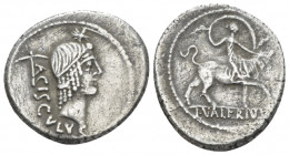 L. Valerius Acisculus Denarius circa 45, AR 17.60 mm., 4.00 g.
Head of Apollo r., hair tied with band; above, star; behind, pick axe and ACISCVLVS. R...
