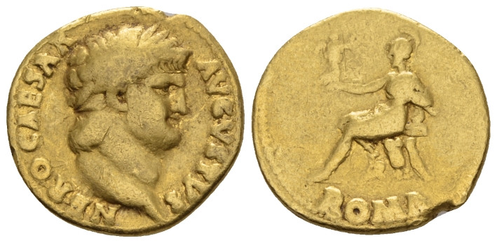 Nero, 54-68 Aureus circa 64-65, AV 18.10 mm., 7.10 g.
Laureate head r. Rev. Rom...