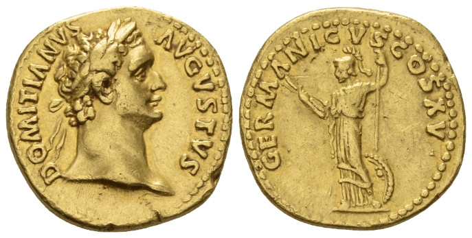 Domitian, 81-96 Aureus Rome 90-91, AV 20.00 mm., 7.52 g.
 Laureate head r. Rev....