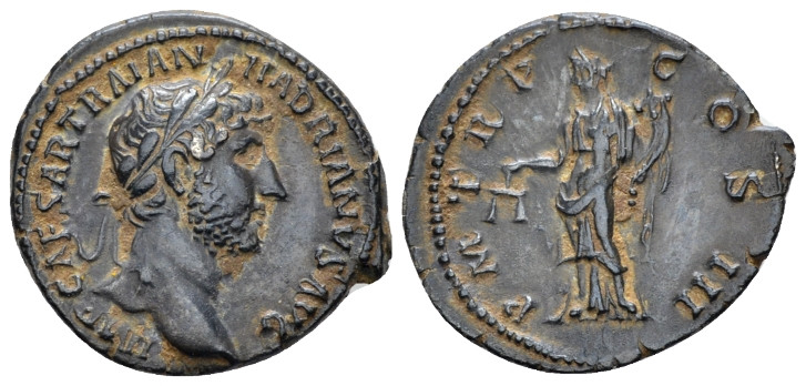 Hadrian, 117-138 Denarius Rome 119-120, AR 18.00 mm., 2.93 g.
 Laureate head r....