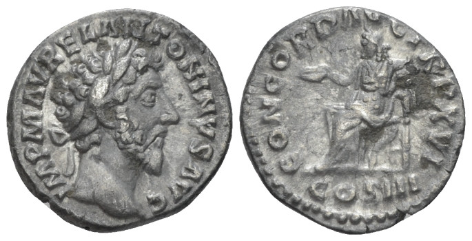 Marcus Aurelius, 161-180 Denarius circa 161-162, AR 17.00 mm., 3.15 g.
IMP M AV...