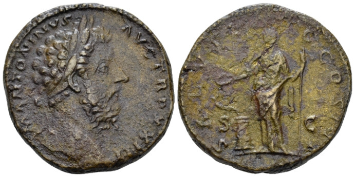 Marcus Aurelius, 161-180 Sestertius Rome 161-162, Æ 30.00 mm., 23.81 g.
 Laurea...