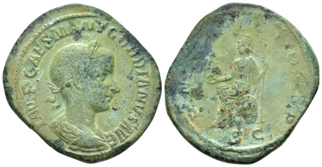 Gordian III, 238-244 Sestertius Rome 239, Æ 32.00 mm., 21.86 g.
 Laureate, drap...