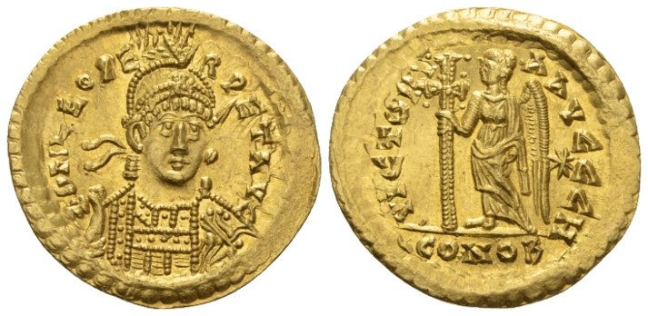 Leo I, 457-474 Solidus Constantinople 462 or 466, AV 21.60 mm., 4.44 g.
Pearl-d...