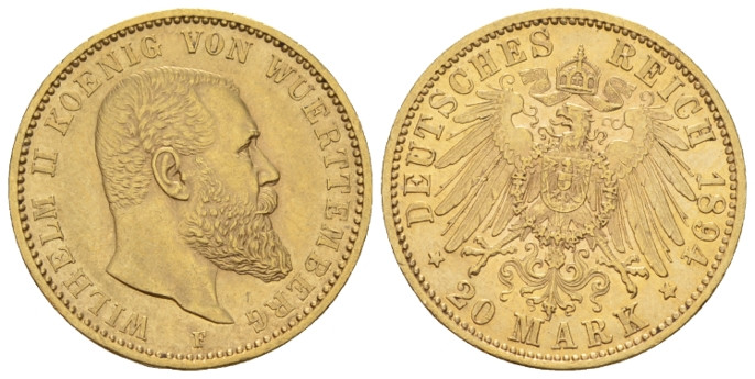 Wuerttemberg, William II, 1891-1918 20 Mark 1894, AV 22.50 mm., 7.95 g.
Fr. 387...