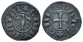 Messina or Palermo, Henry VI imperator with Constance. Denaro 1194-1196, billon 15.30 mm., 0.72 g.
Travaini 4. MIR 55. SP 27/29.

Good Very Fine.
