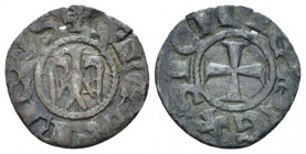 Brindisi, Frederick II Emperor, 1197-1250. Half Denaro 1197-1198, billon 13.80 mm., 0.49 g.
Travaini cf 10 (Denaro). MIR - cf 261 (Denaro). MEC 14 14...