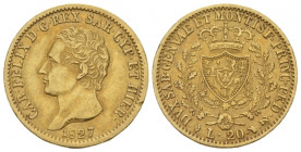 Torino, Savoia, Carlo Felice, 1821-1831 20 Lire 1827, AV 21.00 mm., 6.43 g.
Pagani 54. MIR 1034j.

Very fine