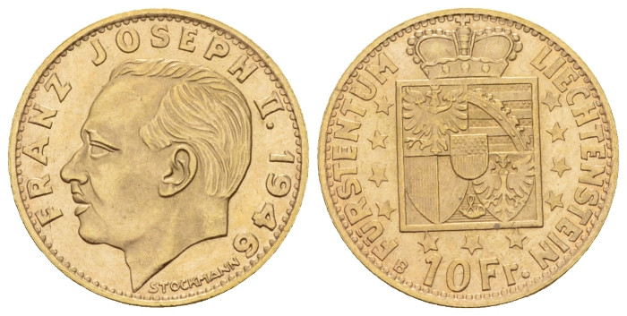 , Franz Joseph II, 1938-1989 10 Francs 1946, AV 19.00 mm., 3.23 g.
Fr. 18

Fd...