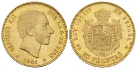 Madrid, Alfonso XII, 1874-1885 25 Pesetas 1881, AV 24.00 mm., 8.08 g.
Fr. 344.

Minor scratch on reverse, otherwise About Fdc