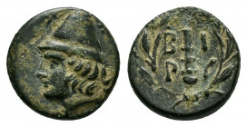 TROAS.Birytis.(Circa 350-300 BC).Ae.

Obv : Bearded head of Kabeiros left, wearing pilos.

Rev : B-I P-Y.
Club within wreath.
Klein 302.

Condition : ...