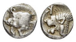 MYSIA.Kyzikos.(Circa 450-400 BC).Obol.

Obv : Forepart of boar left, tunny to right.

Rev : Head of roaring lion left, retrograde K in upper left fiel...