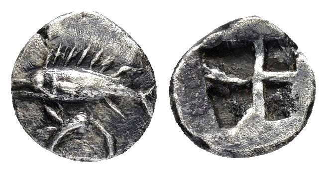 MYSIA.Kyzikos.(6th century BC).Obol.

Obv : Tunny fish.

Rev : Quadripartite inc...