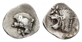 MYSIA.Kyzikos.(Circa 5th century BC).Obol.

Obv : Forepart of boar left; tunny to right.

Rev : Head of lion to left within incuse square, above flora...