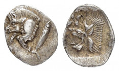 MYSIA.Kyzikos.(Circa 5th century BC).Obol.

Obv : Forepart of boar left; tunny to right.

Rev : Head of lion to left within incuse square, above flora...