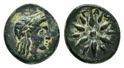 MYSIA.Gambrium.(4th century BC).Ae.

Obv : Laureate head right.

Rev : ΓAM.
Star.
SNG Copenhagen 150-152.

Condition : Dark green patina.Good very fin...