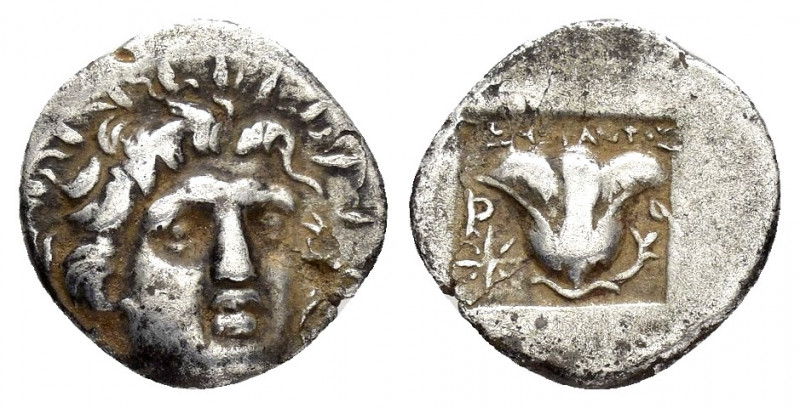 CARIA.Rhodes.(Circa 170-150 BC).Hemidrachm.
 
Obv : Radiate head of Helios facin...