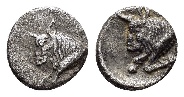 CARIA.Uncertain.(mid 5th century BC).Hemiobol.

Obv : Head of a bull to left.

R...