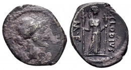 P. CLODIUS M.F. TURRINUS.(42 BC).Rome.Denarius. 

Obv : Laureate head of Apollo right; lyre to left.

Rev : P CLODIVS / M F.
Diana standing right, wit...