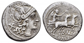 C. MAIANIUS.(153 BC).Rome.Denarius.

Obv : Helmeted head of Roma, right; behind, denominational mark. Border of dots.

Rev : ROMA C·MINI.
Victory in b...