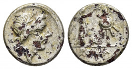 ANONYMOUS.(81 BC).Uncertain.Quinarius.

Obv : Laureate head of Apollo right.

Rev : ROMA.
Victory standing right, crowning trophy; in between, F.
Syde...