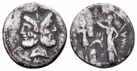 M. FURIUS PHILILUS.(119 BC).Rome.Denarius.

Obv : M·FOVRI·L·F.
Laureate head of Janus, around, inscription, border of dots. 

Rev : ROMA.
Roma standin...