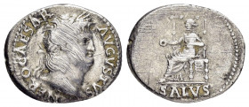 NERO.(54-68).Rome.Denarius. 

Obv : IMP NERO CAESAR AVGVSTVS.
Laureate head right.

Rev : SALVS.
Salus seated left, holding patera.
RIC 53.

Condition...