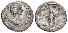 JULIA DOMNA.(193-217).Rome.Denarius.

Obv : IVLIA AVGVSTA.
Draped bust right.

Rev : PIETAS PVBLICA.
Pietas standing left, orans; lighted and garlande...