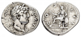HADRIAN.(117-138).Rome.Denarius. 

Obv : HADRIANVS AVGVSTVS.
Head of Hadrian, laureate, right .

Rev : COS III.
Roma seated left, holding branch and s...