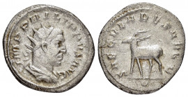 PHILIP I.(244-249).Rome.Antoninianus. 

Obv : MP PHILIPPVS AVG.
Radiate, draped and cuirassed bust right.

Rev : SAECVLARES AVGG V.
Stag standing left...
